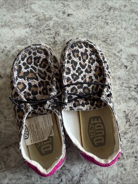 Hey Dude Kids Leopard Print Slip-Ons with Pink Heel Accent